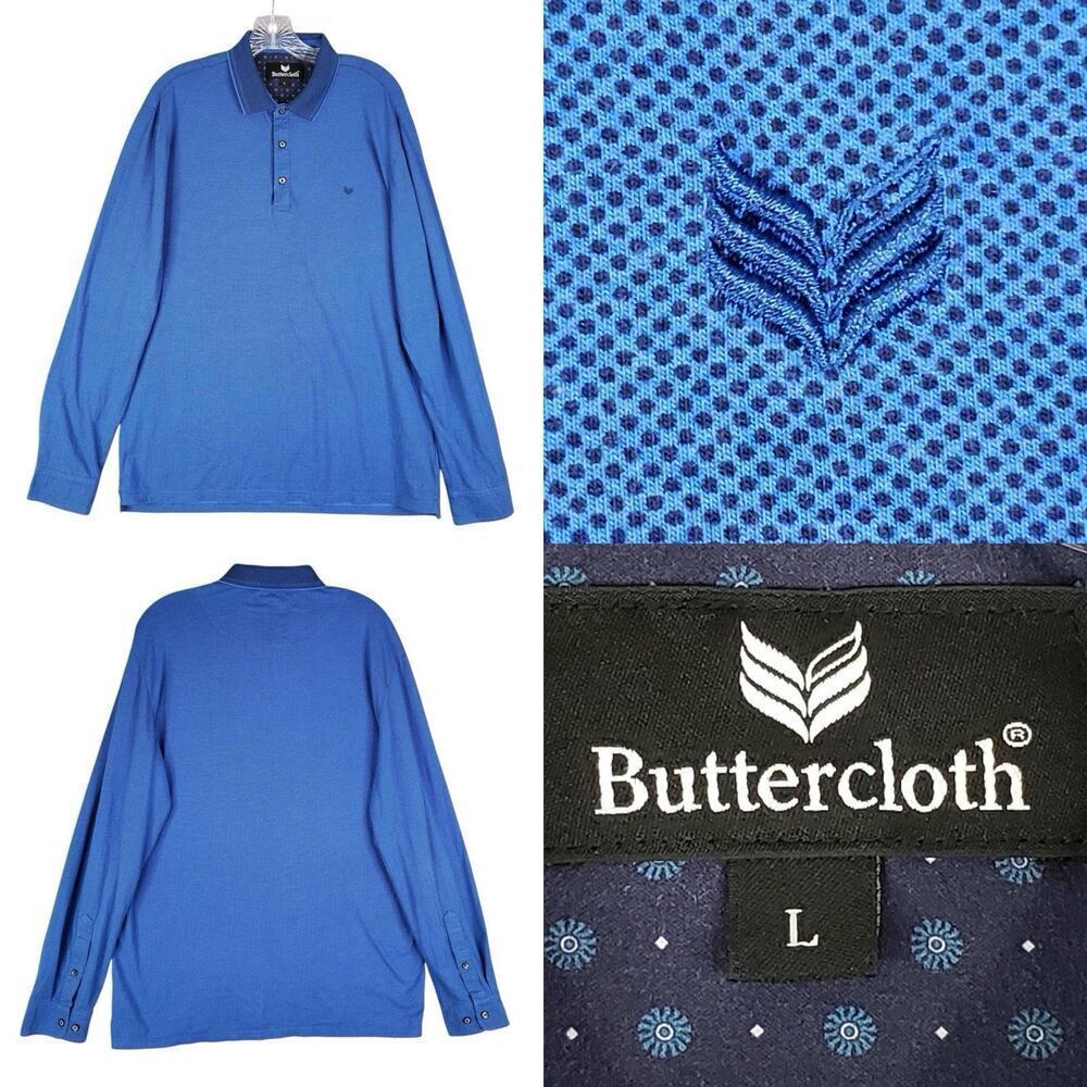 Buttercloth Shirt Mens Size Large L Long Sleeve Polo Blue Geometric Collared